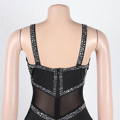 Diamonds Sheer Mesh Patchwork Camisole Jumpsuits Women Sexy V Neck Spaghetti Straps Backless Flare Pants Party Overalls Clubwear