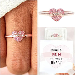Aesthetic Zircon Heart Ring for Mom With Card Vintage Engraved Letter Pink Crystal Adjustable Rings Mother&#39;s Day Gift Jewelry