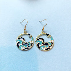 Cool Blue Ocean Beach Tropical Wave Earrings on 14k Gold Plated Circles