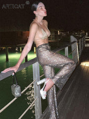 Articat Rhinestones Diamond Sexy Hollow Out Wide Leg Pants Women High Waist Transparent Casual Club Party Trousers Bottoms