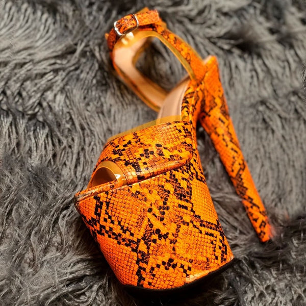 Snake print Open toe super high with sandals nightclub pole dance shallow mouth Platform
