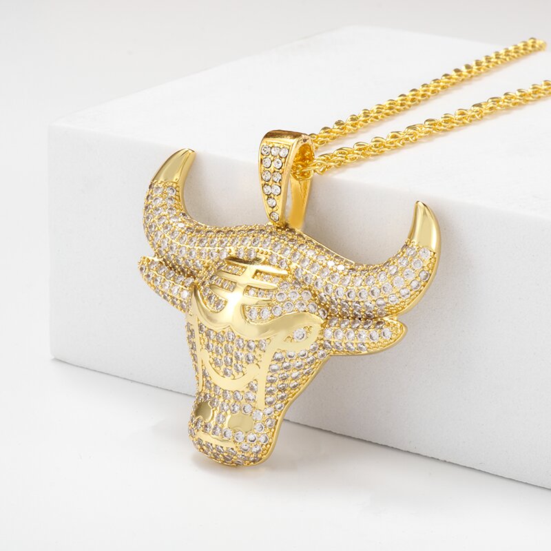 Men Hip Hop Fashion Full Rhinestone Bull Head Pendant Necklace Sparkling Ice Out Gold Plated Metal Necklace