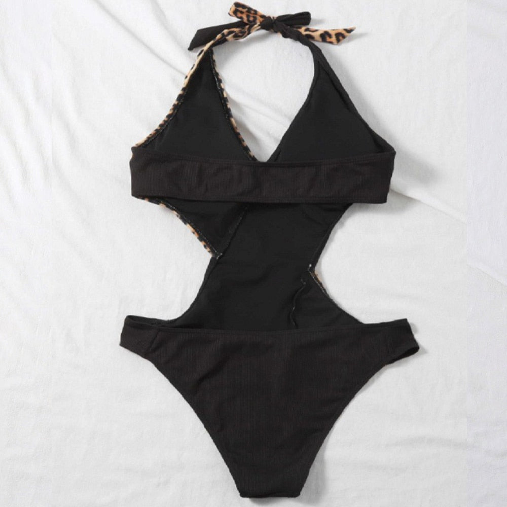 Patchwork Halter Swimwear Cross Hollow One Piece Swimsuit