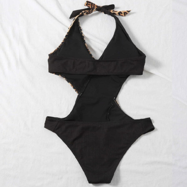 Patchwork Halter Swimwear Cross Hollow One Piece Swimsuit