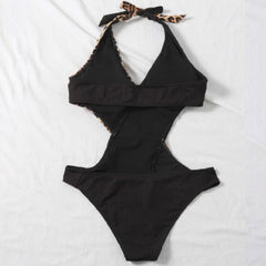 Patchwork Halter Swimwear Cross Hollow One Piece Swimsuit