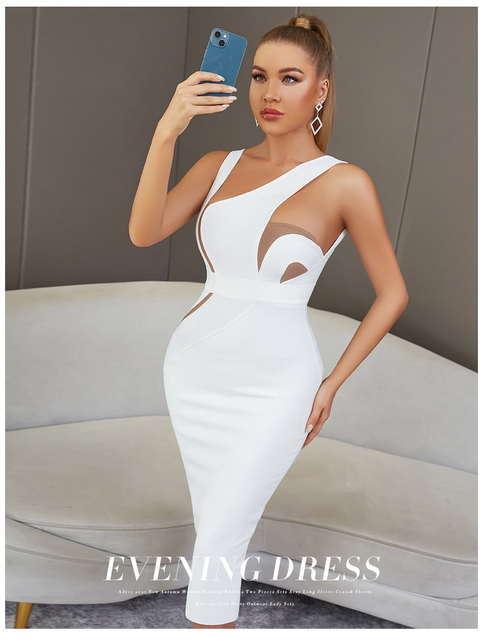 Backless White Midi Bodycon Bandage Dress Tank Sleeveless Elegant Evening Dress