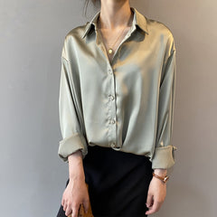 Silk Office Ladies Elegant Shirt Blouse Button Up Satin Shirt Vintage Long Sleeve Shirt