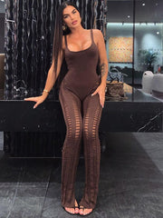 Knitted Sleeveless Jumpsuit Elegant Hollow Out Bodycon Jumpsuit