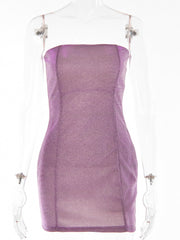 Articat Glitter Bright Silk Shiny Women Dress Purple Sexy Strapless Evening Mini Dress Femme Skinny Party Clubwear Vestidos 2022
