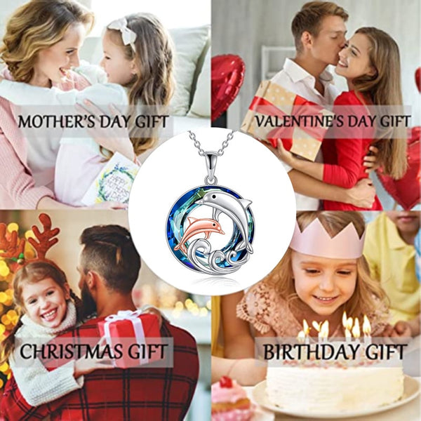 Ladies Fashion Animal Pendant Necklace Cute Mother Daughter Dolphin Crystal Jewelry Anniversary Birthday Mother's Day Gift