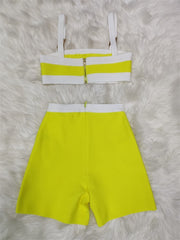 2022 Women Summer Sexy Button Yellow Two Piece Bodycon Shorts Bandage Set 2022 Celebrity Designer Evening Party Women&#39;s Set