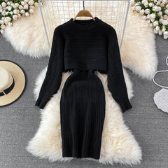Elegant Slim Two Piece Sets Sweater Dress High Waist Knitted Ensemble Long Dress