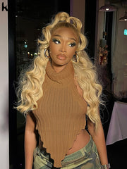 Kliou Knitted Worsted Vest For Women Fashion Irregular Shape Cut Out High Street Style Top Cascading Turtleneck Sleeveless Wear