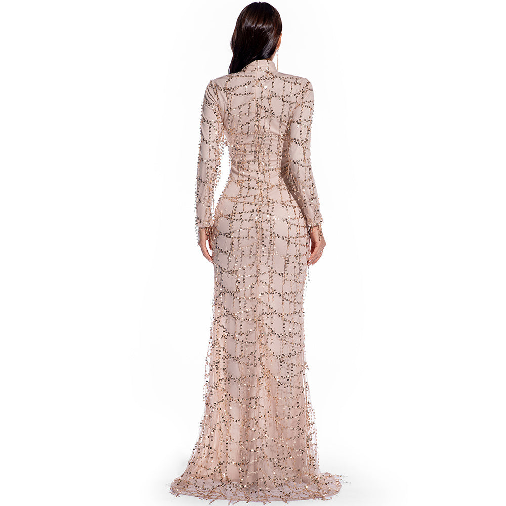 Evadne Sheer Sequin Turtleneck Maxi Dress
