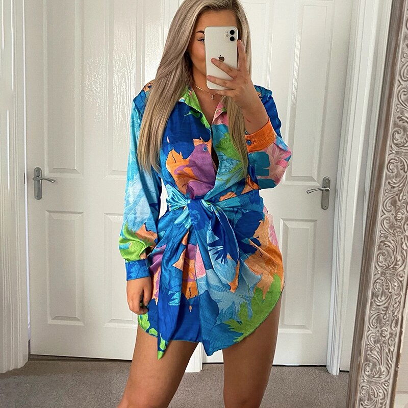 Fandy Lokar Turn Down Collar Dresses Women Fashion Asymmetrical Printed Dress Women Elegant Long Sleeve Dresses Female Ladies