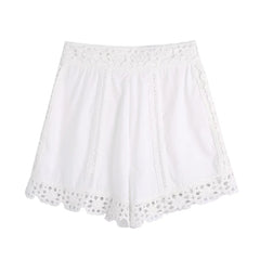 Hollow Out Corset Cotton White Women Blouse Shorts Set Office Casual Summer Spring Beach Suits Wide Leg Shorts Suit Outfits 2023