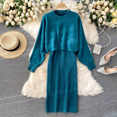 Elegant Slim Two Piece Sets Sweater Dress High Waist Knitted Ensemble Long Dress