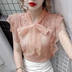 Solid Hollow Out Shirt Korean Fashion Clothing Vintage Sleeveless 2022 Womens Tops and Blouses Lace Patchwork Blusas 9811