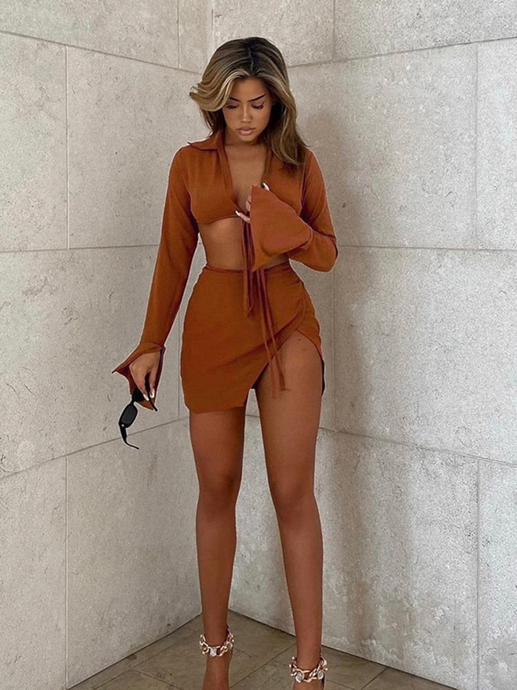 Cryptographic Brown Sexy Tie Front Top and Skirt Sets Women Fashion Outfits Fall Matching Set Split Skirt Club Party Clothes