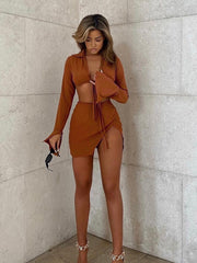 Cryptographic Brown Sexy Tie Front Top and Skirt Sets Women Fashion Outfits Fall Matching Set Split Skirt Club Party Clothes
