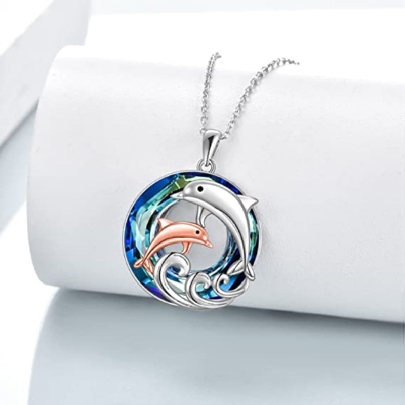 Ladies Fashion Animal Pendant Necklace Cute Mother Daughter Dolphin Crystal Jewelry Anniversary Birthday Mother's Day Gift