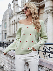 Fitshinling V Neck Embroidery Heart Sweater