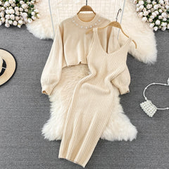Elegant Slim Two Piece Sets Sweater Dress High Waist Knitted Ensemble Long Dress
