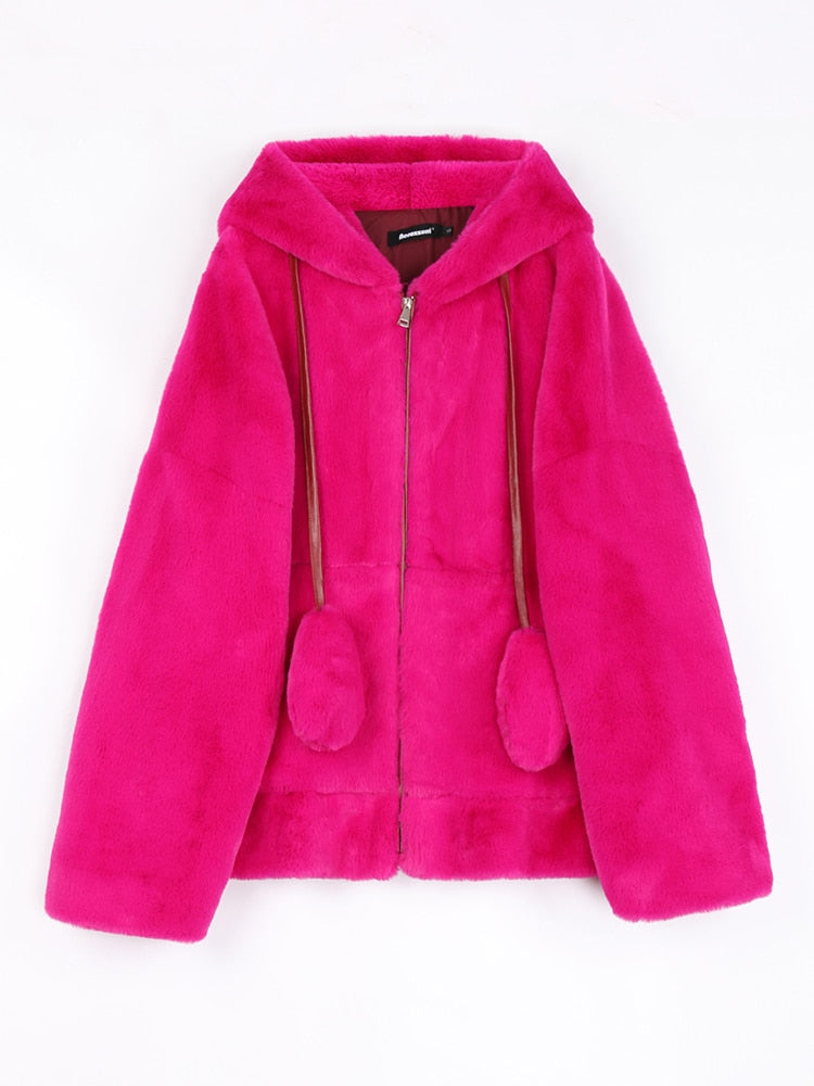 Nerazzurri Spring fluffy jacket with rabbit ears raglan sleeve zipper Oversize light soft harajuku kawaii faux fur hoodie 2021