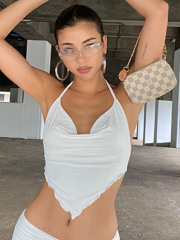 White Sleeveless Sexy Halter Rhombus