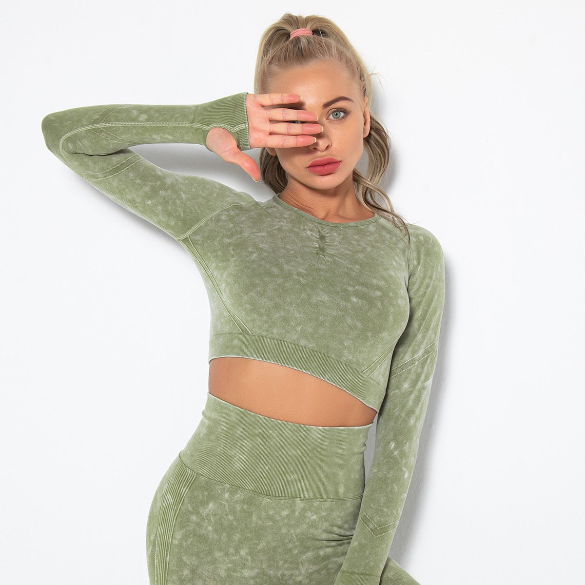Women Seamless High Waist Yoga Set Long Sleeve Crop Top High Waist Leggings