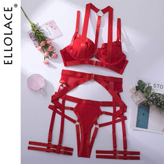 Ellolace Sexy Lingerie Fancy Underwear Erotic Garter Belt 4-Piece Intimate Goods Halter Bra With Bow Seductive Exotic Brief Sets