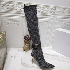 Pointed Toe Metal Buckle Elastic Socks Boots Over The Knee Boots Leather Stitching Boots