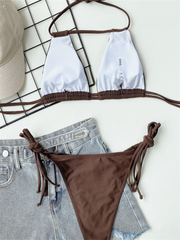 Hollow Out Bikini Swimwear - Solid String Swimsuit 2 Pieces Backless Bandage Bathing Suit