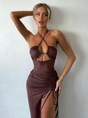 Sophia's Halter Backless Sleeveless Cut Out Maxi Dress Elegant Slit Dress