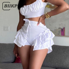 BIIKPIIK 2022 Summer Women Drawstring High Waist Shorts Slim Elegant Tiered Short Trousers Solid Party Fashion Casual Streetwear