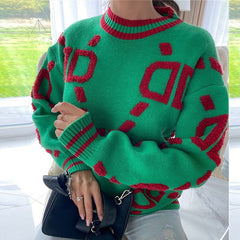 Women Cardigan Green Striped Pink Knit Button Lady Cardigans Sweaters V-neck Loose Casual Winter Fashion Knitted Coat