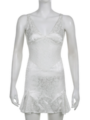 Articat Satin Lace Sheer White Slim A-line Tank Mini Dress Women Sexy V-Neck Printing Silk Suspender Dress 2023 Spring New OOTD