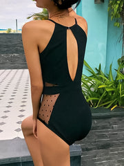 Lilly at the lake Mesh Cut Hollow Out Deep V Neck High Waist Swimsuit one piece