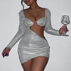 Diamond Chain Hollow Out Full Sleeve Mini Dress
