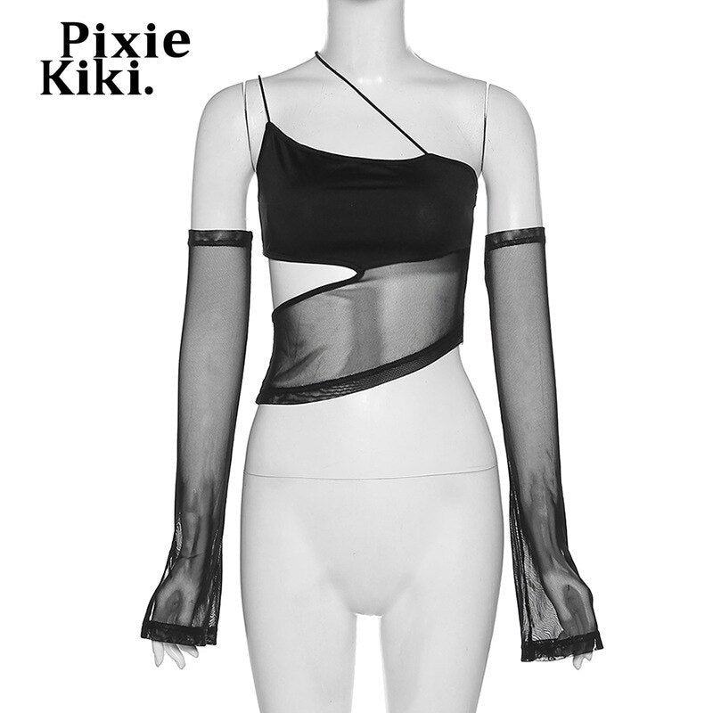 PixieKiki Asymmetrical Cut Out Mesh Crop Top with Sleeves Fairy Grunge Y2k Clothes Transparent Camisole Tank Tops P94-BZ12