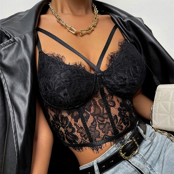 Women's Tube Top Camisole Adult Solid Color Lace Hollow-Out Sleeveless Backless Spaghetti Strap Crop Tops Summer Camis