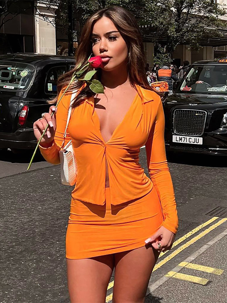 Articat Long Sleeve Single Button Lapel Top Wrap Skirt Two Pieces Set Female Orange T-Shirt Skirt Suit 2023 Spring Summer New
