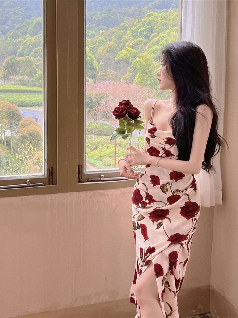 Summer Elegant Vintage Midi Spaghetti Strap Rose Dress For Women Maxi Fashion One Piece Bodycon Beach Party Robe Vestidos