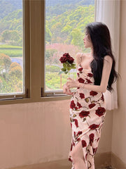 Summer Elegant Vintage Midi Spaghetti Strap Rose Dress For Women Maxi Fashion One Piece Bodycon Beach Party Robe Vestidos