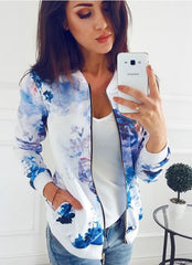 Women Floral Printed Jackets Spring Autumn Long Sleeve Zipper Bomber Outwear Casual Pocket Slim Streetwear Female Plus Size Coat