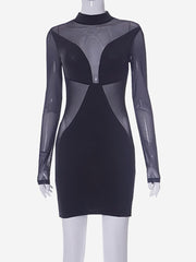 Articat Mesh See Through Sexy Slim Mini Dress Women O-neck Patchwork Sheer Spring New Black Long Sleeve Short Dress Partywear