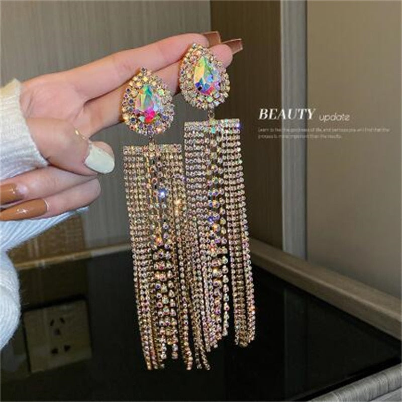 Trina Black Gold Color Water Drop Crystal Earrings Oversize Long Tassel Rhinestone Secondary image