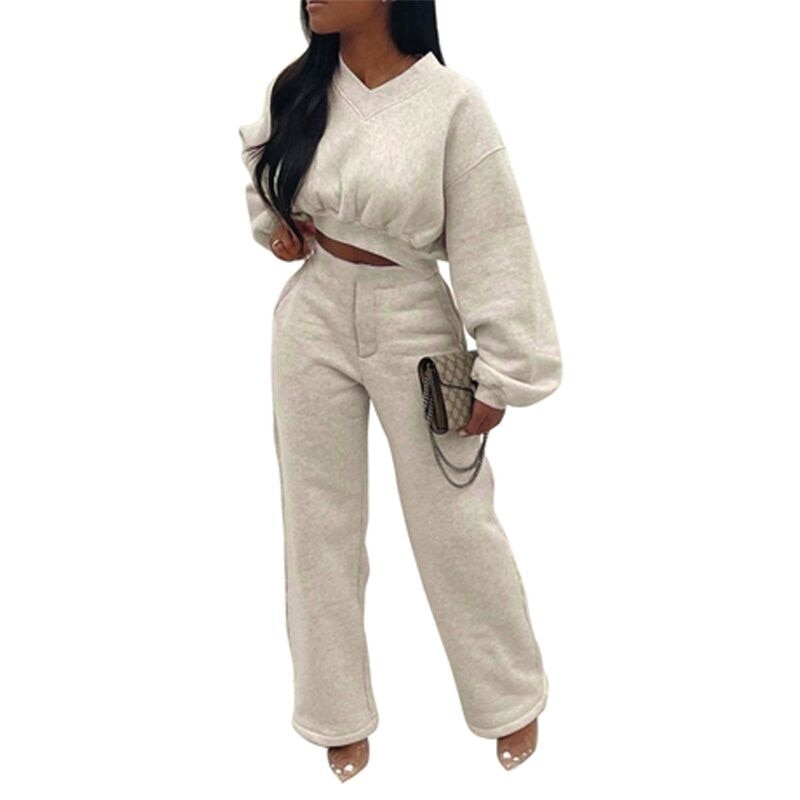 Casual Tracksuit Two Piece Set Shirt + Long Pants Solid Color Pulf Sleeve Streetwear Clothes