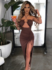 Sophia's Halter Backless Sleeveless Cut Out Maxi Dress Elegant Slit Dress