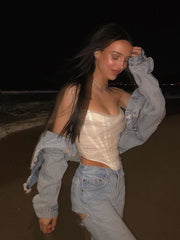 Cryptographic Sleeveless Fashion Strapless Bustier Corset Crop Tops Female Mesh Backless White Women Tops Zipper Summer 2022